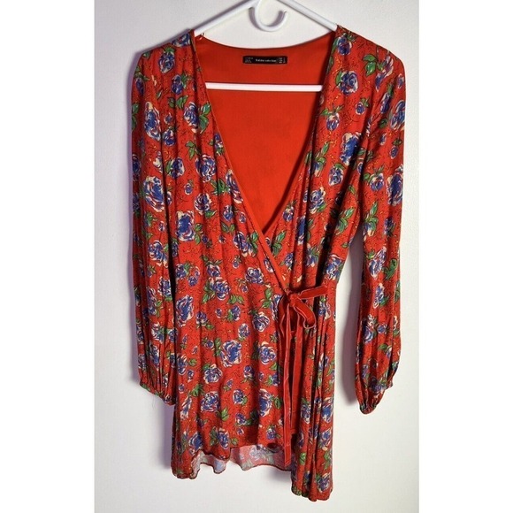 Zara Women Sz S Red Floral Print Long Sleeve V-neck Crossover Mini Romper Dress - Picture 4 of 12